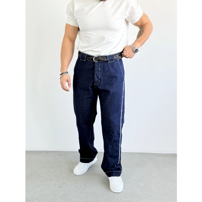 Dikişli Koyu Lacivert Kot Pantolon