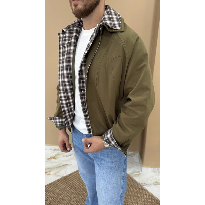 Ekose Detaylı Mevsimlik Bomber Ceket Haki Yeşil