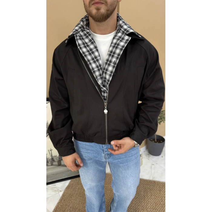Ekose Detaylı Mevsimlik Bomber Ceket Siyah