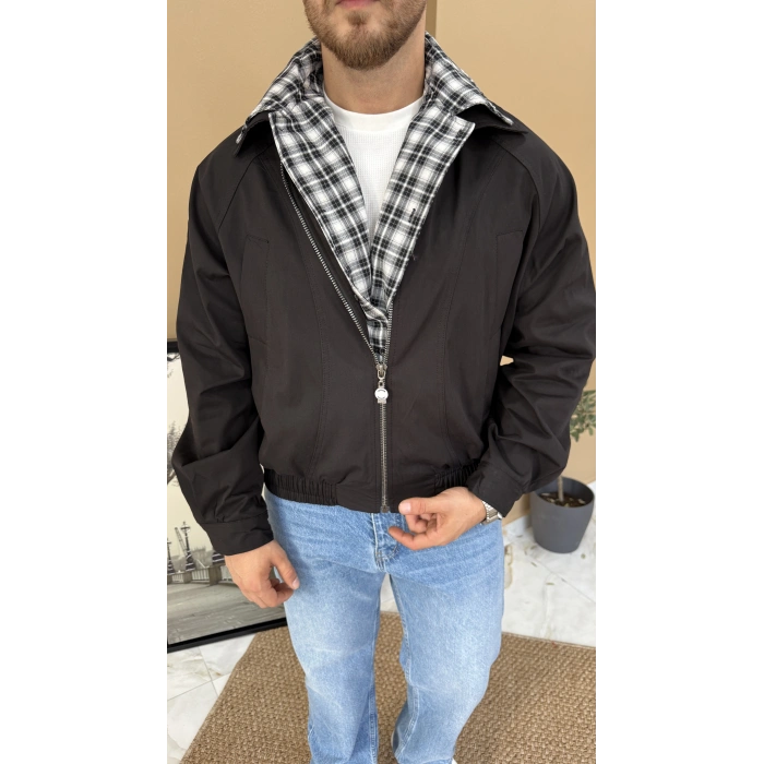Ekose Detaylı Mevsimlik Bomber Ceket Siyah