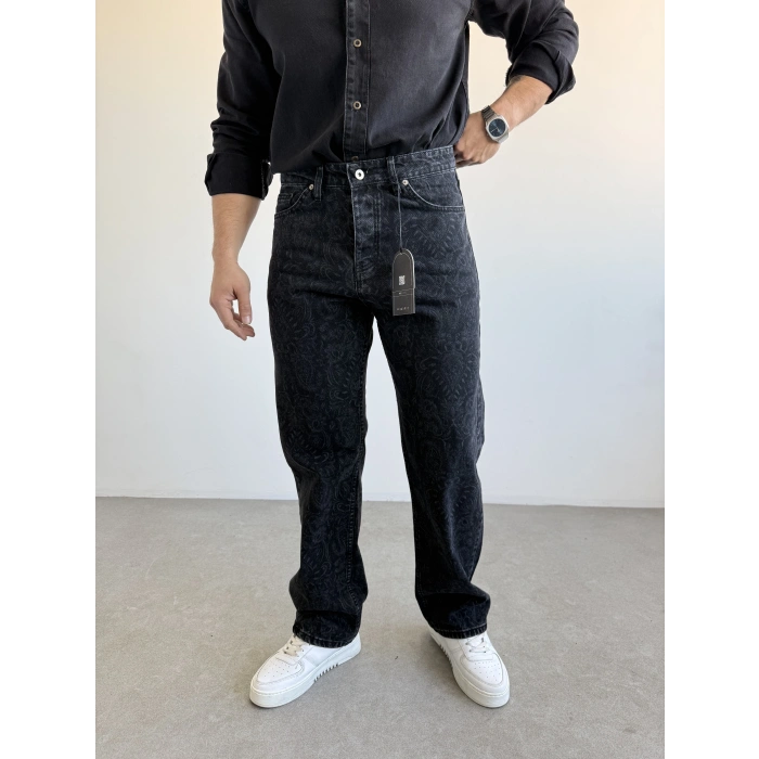 Etnik Desenli Siyah Baggy Kot Pantolon