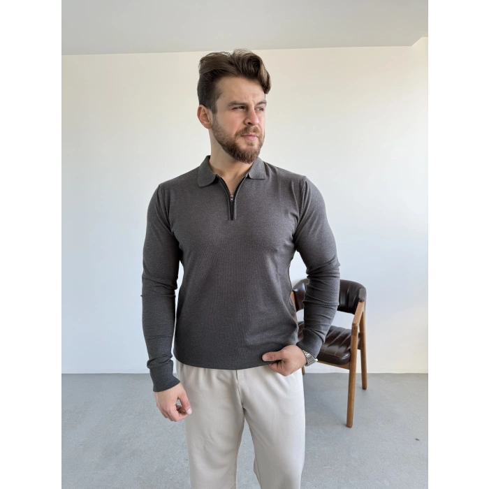 Fermuar Yaka Triko Nardo Gri