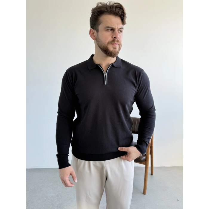 Fermuar Yaka Triko Siyah