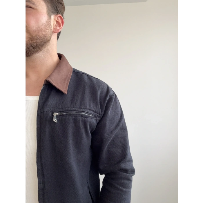 Gabardin Fermuarlı Ceket Lacivert/Kahve