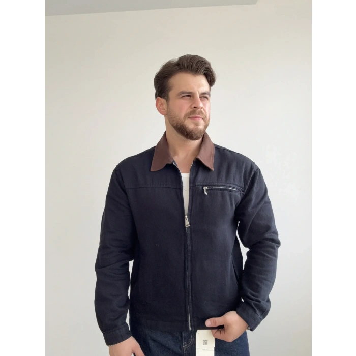 Gabardin Fermuarlı Ceket Lacivert/Kahve