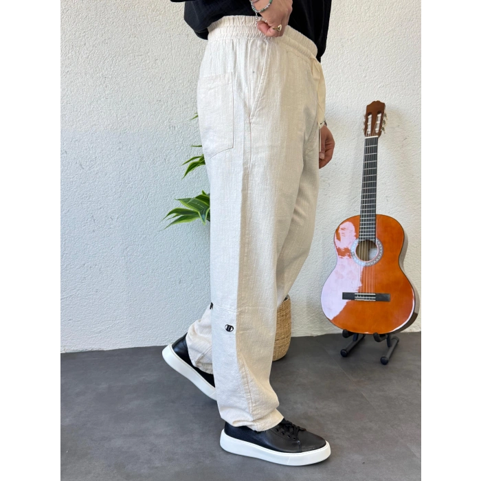 Giesto GG Nakışlı Keten Baggy Pantolon Bej