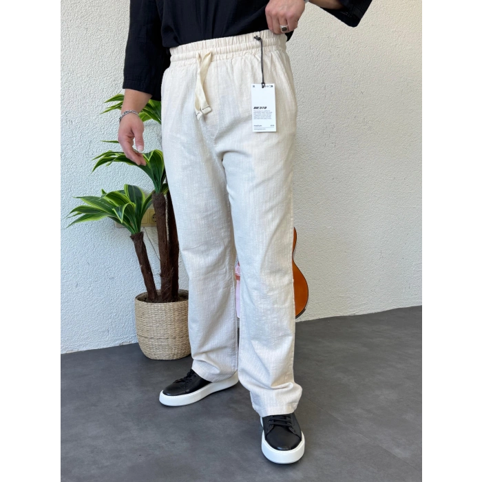 Giesto GG Nakışlı Keten Baggy Pantolon Bej