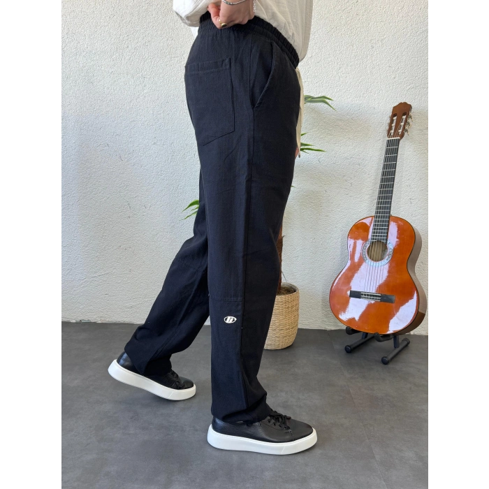 Giesto GG Nakışlı Keten Baggy Pantolon Siyah