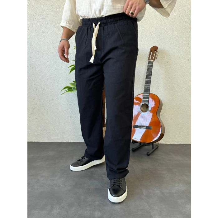 Giesto GG Nakışlı Keten Baggy Pantolon Siyah
