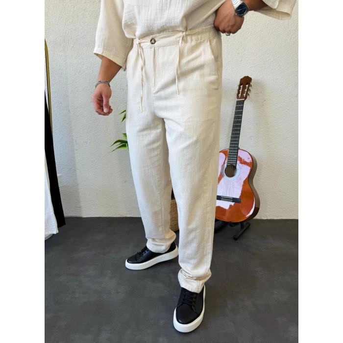 Giesto Ham Keten Boyfriend Pantolon Bej