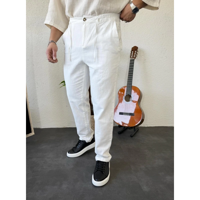 Giesto Ham Keten Boyfriend Pantolon Beyaz