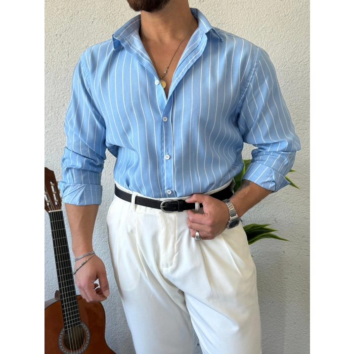 Giesto Modal Kumaş Çizgili Gömlek Bebe Mavisi