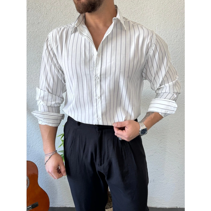 Giesto Modal Kumaş Çizgili Gömlek Beyaz
