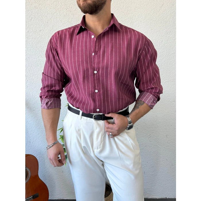 Giesto Modal Kumaş Çizgili Gömlek Bordo