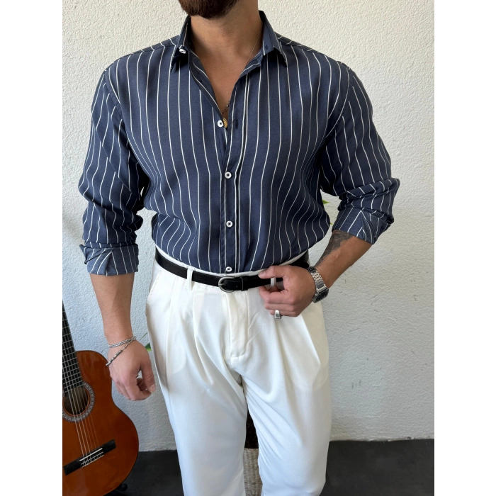 Giesto Modal Kumaş Çizgili Gömlek Lacivert