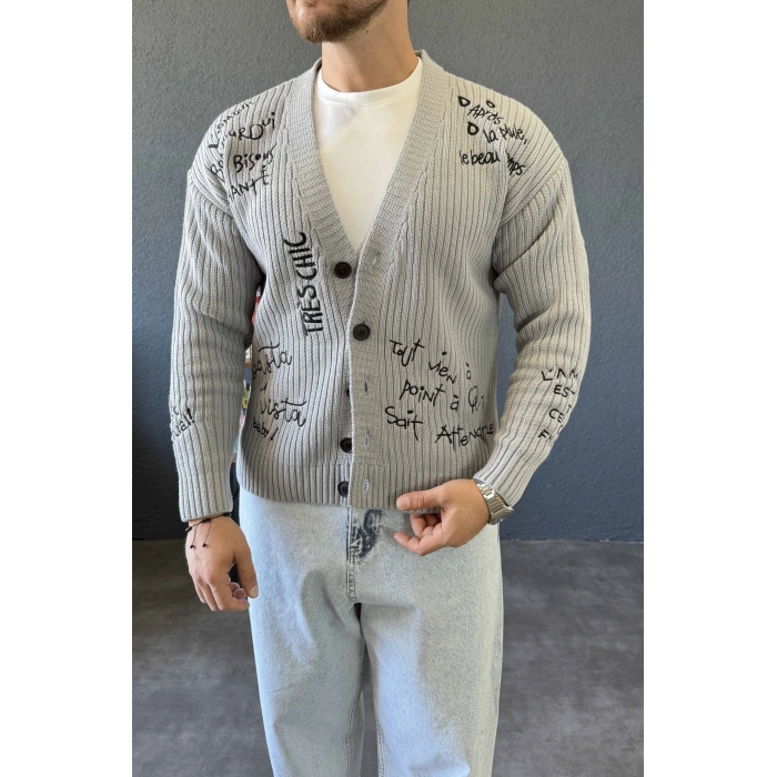 GRİ GRAFFİTİ NAKIŞ DETAYLI TRİKO HIRKA