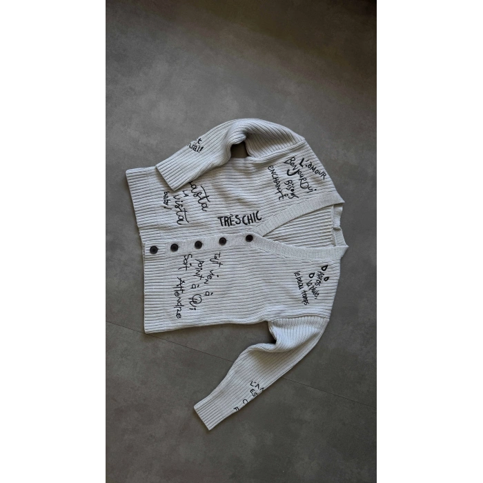 GRİ GRAFFİTİ NAKIŞ DETAYLI TRİKO HIRKA