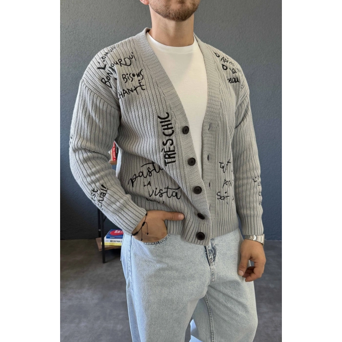GRİ GRAFFİTİ NAKIŞ DETAYLI TRİKO HIRKA