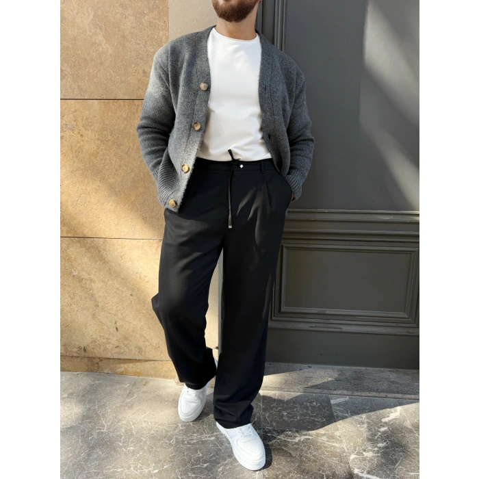 İp Detay Baggy Kumaş Pantolon Siyah