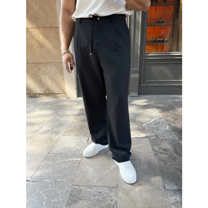 İp Detay Baggy Kumaş Pantolon Siyah