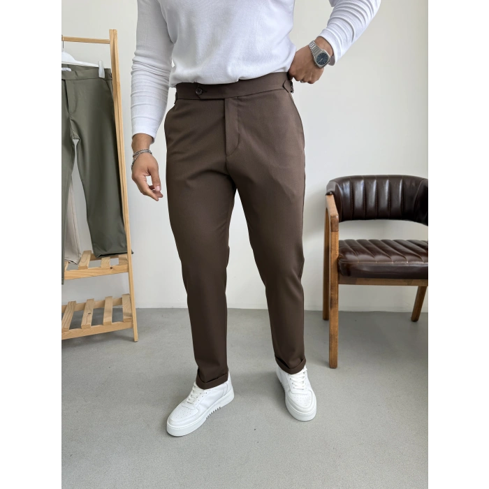 İtalyan Kesim Tokalı Boyfriend Pantolon Kahverengi