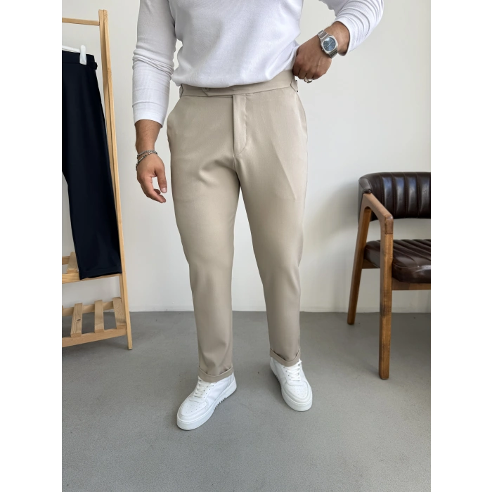 İtalyan Kesim Tokalı Boyfriend Pantolon Krem