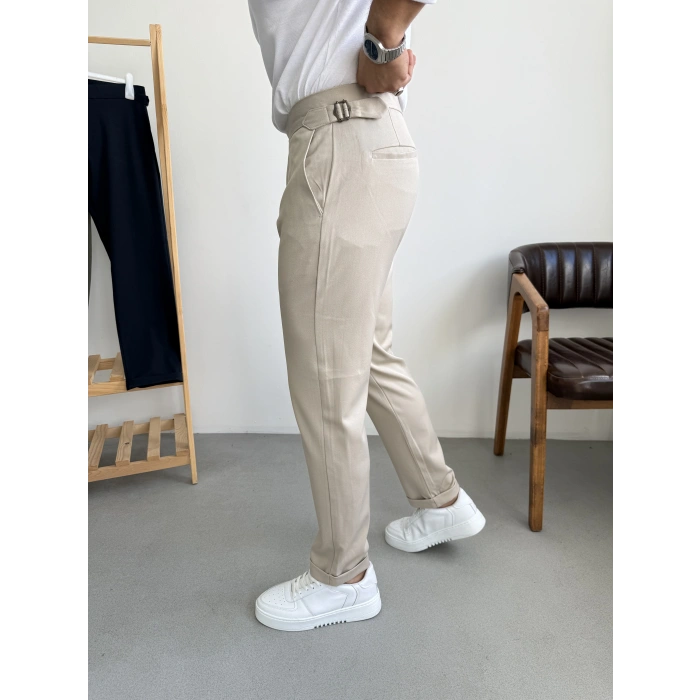 İtalyan Kesim Tokalı Boyfriend Pantolon Krem