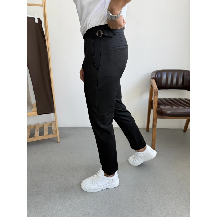 İtalyan Kesim Tokalı Boyfriend Pantolon Siyah