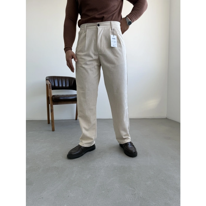 Kadife Kumaş Baggy Kalıp Pantolon Bej