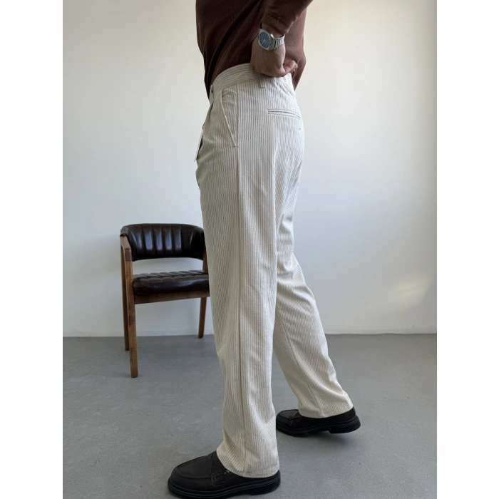 Kadife Kumaş Baggy Kalıp Pantolon Bej