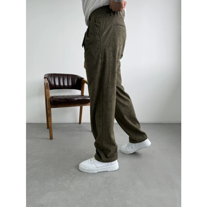 Kadife Kumaş Baggy Kalıp Pantolon Haki Yeşil