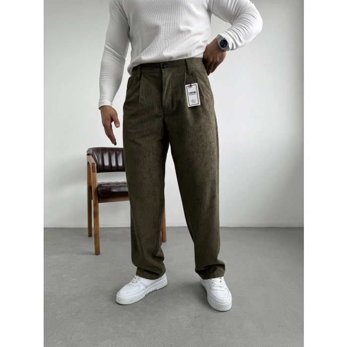 Kadife Kumaş Baggy Kalıp Pantolon Haki Yeşil