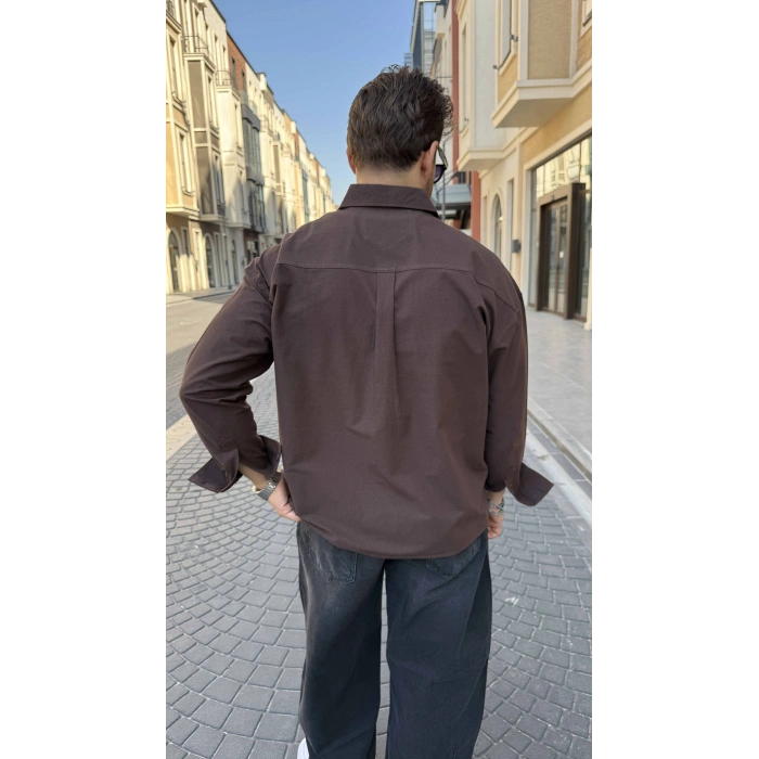 KAHVERENGİ GABARDİN CROP GÖMLEK