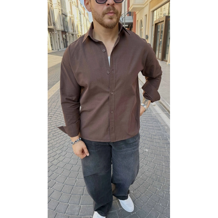 KAHVERENGİ GABARDİN CROP GÖMLEK