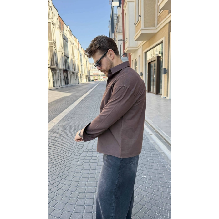 KAHVERENGİ GABARDİN CROP GÖMLEK