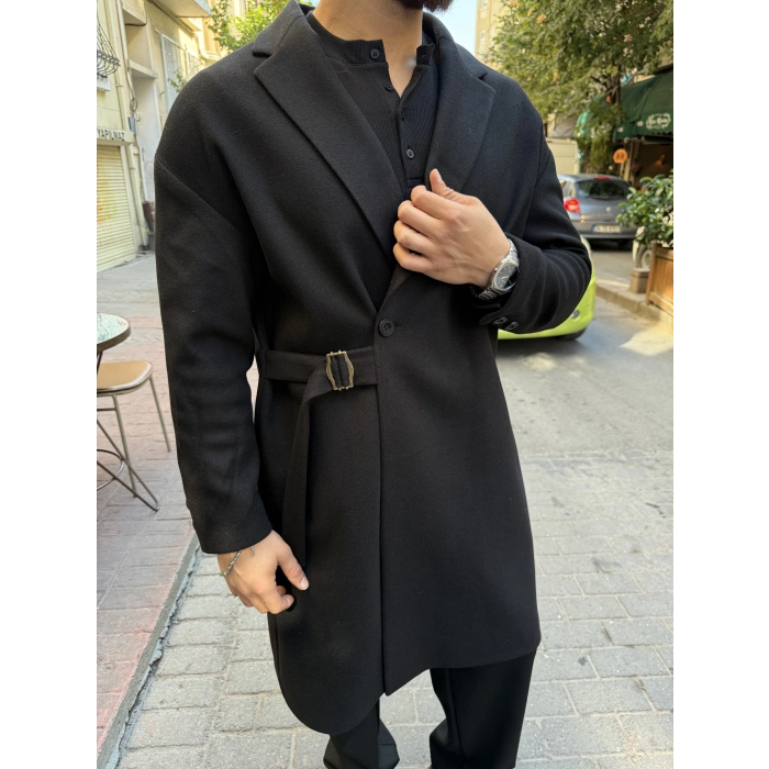 Kendinden Kuşak Kemerli Siyah Kaban