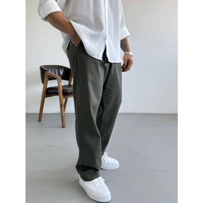 KOYU HAKİ YEŞİL TEK PİLELİ BAGGY KALIP KETEN PANTOLON