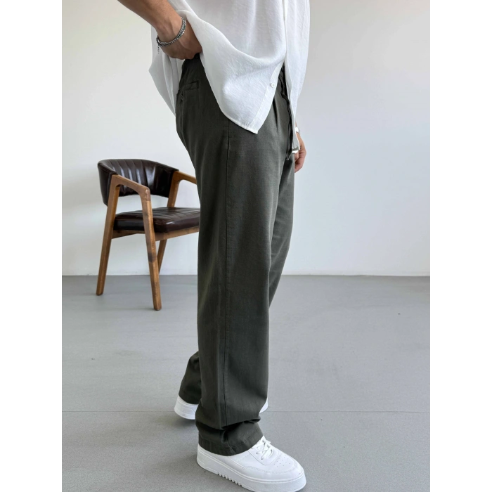 KOYU HAKİ YEŞİL TEK PİLELİ BAGGY KALIP KETEN PANTOLON