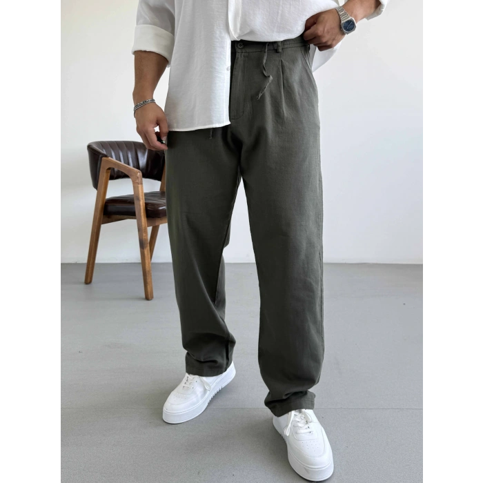 KOYU HAKİ YEŞİL TEK PİLELİ BAGGY KALIP KETEN PANTOLON