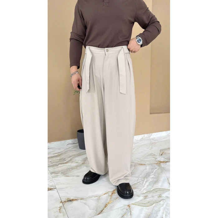 KREM KORE KALIP PİLELİ EXTRA BOL KUMAŞ PANTOLON