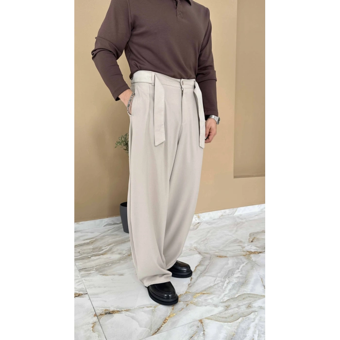 KREM KORE KALIP PİLELİ EXTRA BOL KUMAŞ PANTOLON