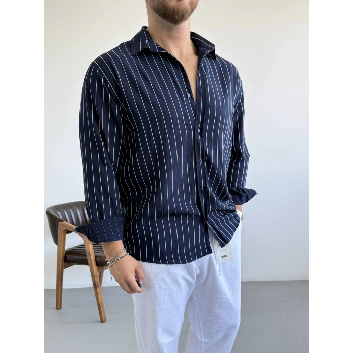 LACİVERT ÇİZGİLİ MODAL GÖMLEK