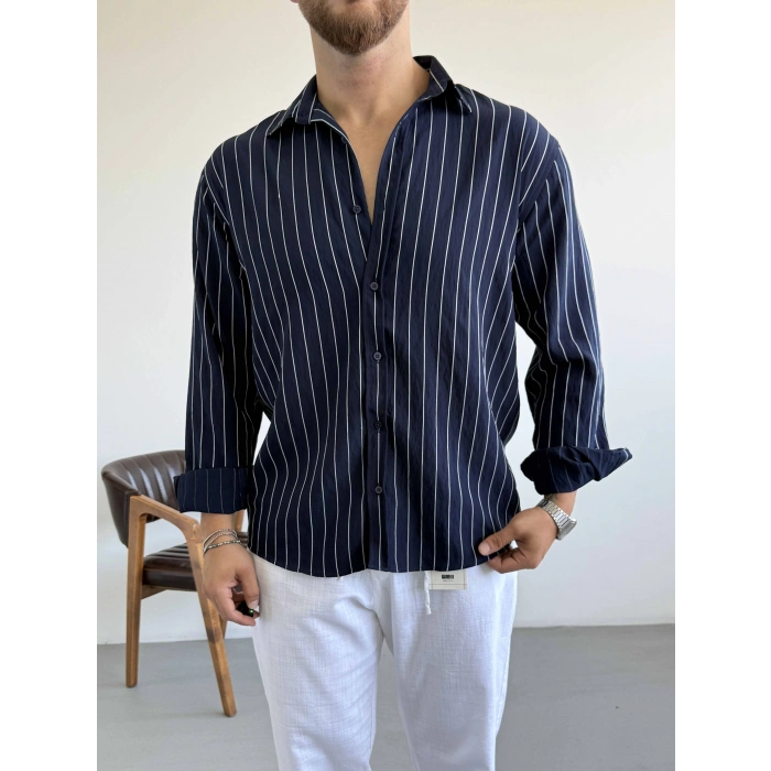 LACİVERT ÇİZGİLİ MODAL GÖMLEK
