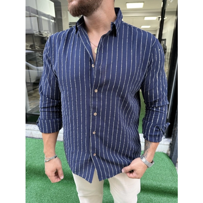Lacivert Çizgili Regular Kalıp Gömlek