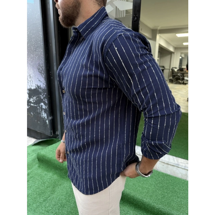 Lacivert Çizgili Regular Kalıp Gömlek