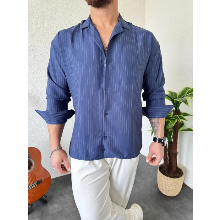 Lacivert Düz Çizgili Gömlek