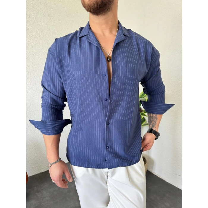 Lacivert Düz Çizgili Gömlek