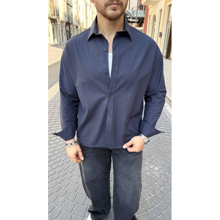 LACİVERT GABARDİN CROP GÖMLEK