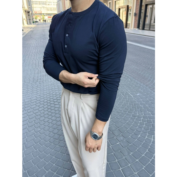 LACİVERT HENLEY YAKA REGULER FİT KALIP SWEAT
