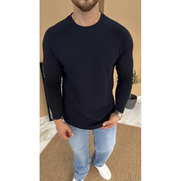 LACİVERT REGLAN KOL WAFFLE DOKULU SWEAT